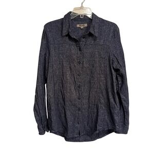 FLAX Shirt Long Sleeve Button Up Navy Blue Metallic Silver Shimmer Thread Small